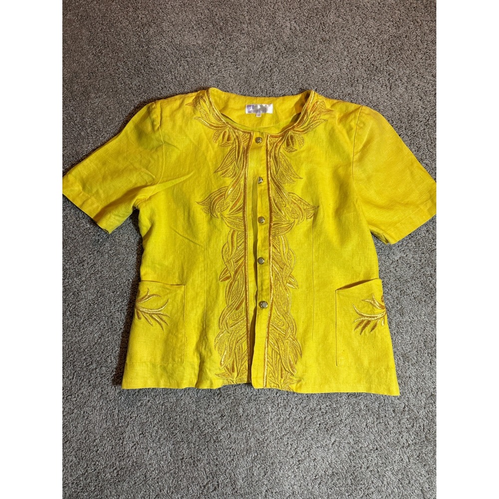 Vintage Yellow Linen Embroidered Short Sleeve Button Up Jacket Women Size 12